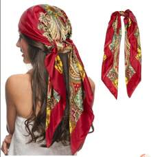 Paisley    Polyester    1pc Blush Pink Satin Square Scarf Women Lightweight Boho Headband Hair Accessory Spring Summer Beach Wrap Versatile Bandana Fashion Scarf - 紅色 - 查看 11
