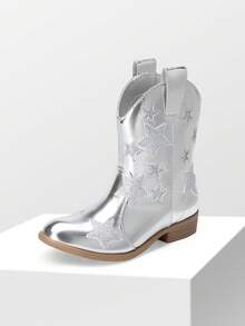 Girls Cowgirl Boots Mid Calf Glitter Cowboy Western Boots Toddler Girls Star Riding Shoes - 銀色 - 查看 7