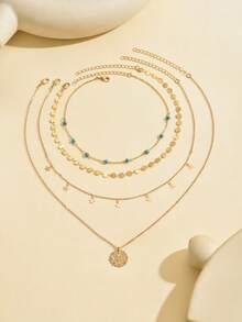 4pcs/Set Fashionable Turquoise Beaded Necklace With Metal Disc, Star Tassel & Coin Pendant Jewelry Set, Suitable For Women's Daily Wear, Outings And Photo Shoots - Multicolor - View 2