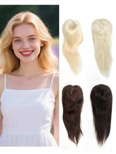 Elegante tocado de cabello tejido a mano para mujeres, cabello humano real, transpirable y de ajuste perfecto, anti-caída, tejido a mano, versátil para cabello liso, longitud de 14 pulgadas