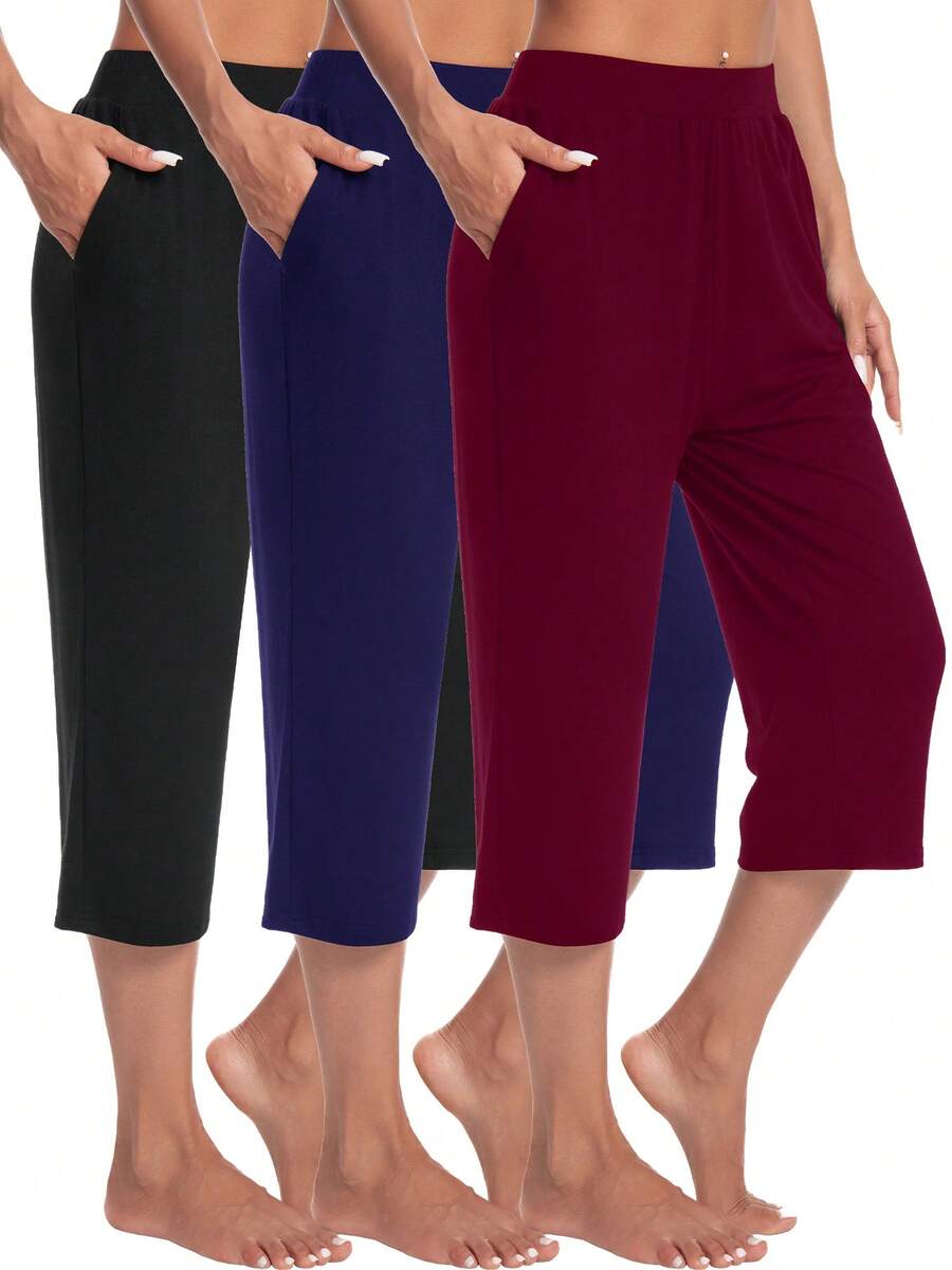 3 Pack Capri Pants For Women Loose Lounge Cropped Sweatpants Joggers Yoga Casual Workout Pants With Pockets - 黑色,深藍,紅色 - 查看 1