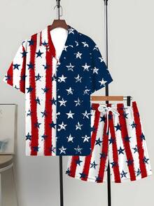 New Men's Printed Shirt Set 2-Piece American Style Flag Set Fashionable Shirt Set Casual Set Loose Fit Set - 彩色 - 查看 4