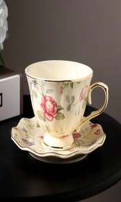 PICORLANE 8 Oz Vintage Flower Ceramic Cup And 6" Saucer Set With Brand Customized Stainless Steel Spoon Gifts For Afternoon Tea Coffee Hour (E) - MàuD - Xem 8