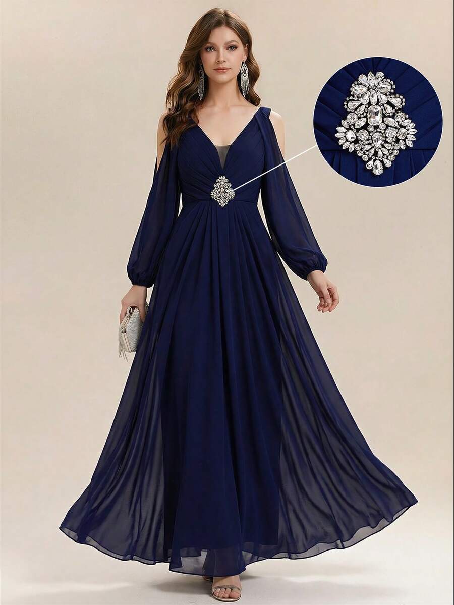 优雅V领长袖主教袖女士正式晚礼服，复古浪漫喇叭形长款连衣裙，梭织面料派对礼服