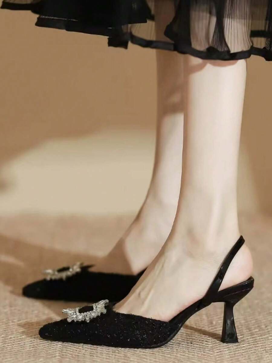 法国黑色尖头高跟鞋，时尚水晶细高跟鞋，适合搭配连衣裙 - 黑色 - 查看 1