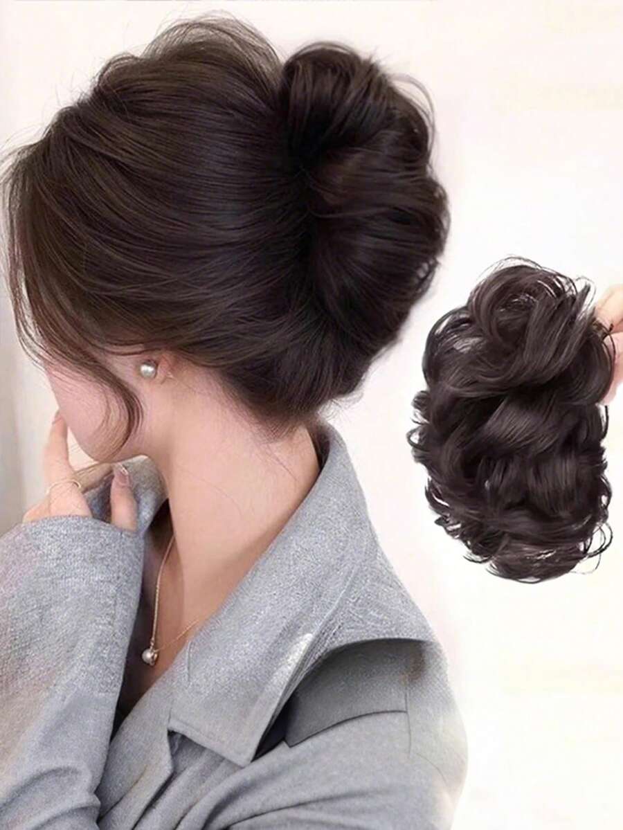 Synthetic Messy Bun Hair Piece Claw Clip Ponytail Extensions Scrunchie-Style Lazy Flower Bud Bun Chignon Wavy Curly Ponytail - Multicolor - View 1