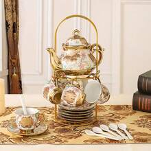 CHANJOON Gold Plated Red Rose Ceramic Tea Set, Vintage Tea Sets With Teapot, Beautiful Tea Set Coffee Serving 6 People (Pink, Medium) - 粉色 - 查看 6