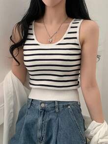 女士休闲条纹针织无袖圆领背心 - 白色 - 查看 4