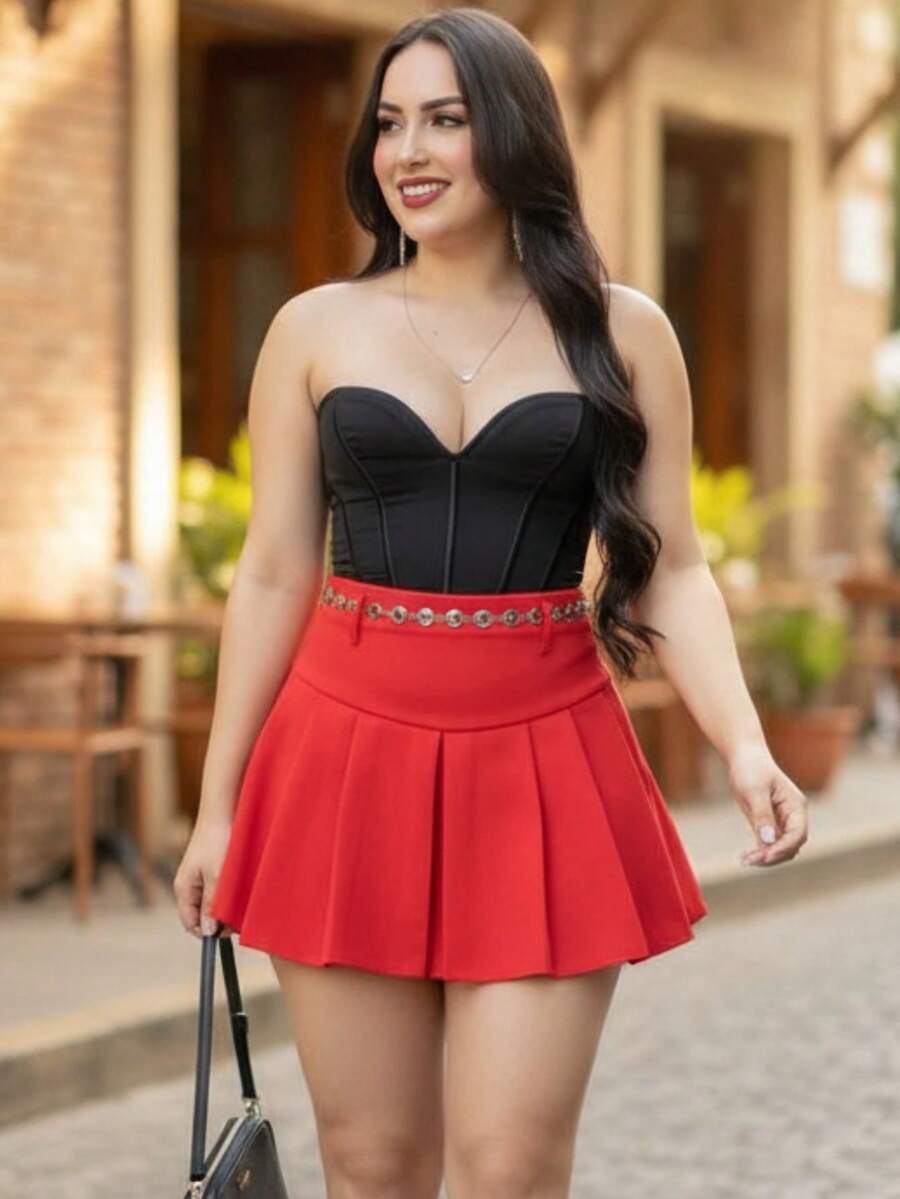 Women's Short Pleated Tailored Skirt With Invisible Side Zipper - Elegant Casual Fashion - Red - View 1