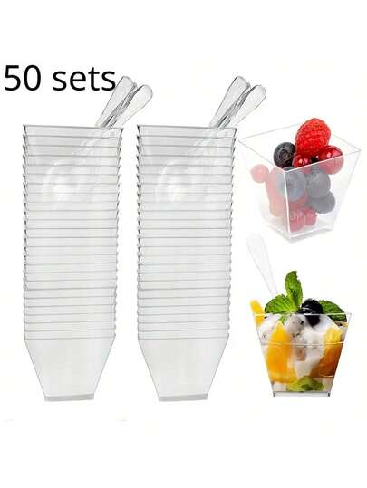 100/50/25/5 pezzi Coppette per dessert mini riutilizzabili in PS trasparente da 60ml con cucchiaini, adatte per budini, gelatine, salse, gelati e altri piccoli dessert, ottimo per feste, matrimoni, compleanni ed eventi all'aperto