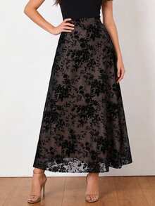 EARO 女士时尚天鹅绒印花优雅百搭修身A字裙 - 黑色 - 查看 3