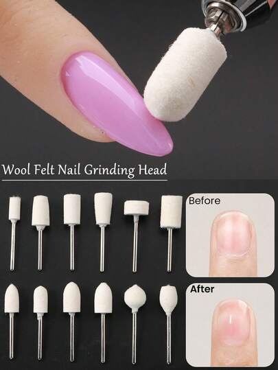 12件套羊毛毡指甲打磨头抛光轮打磨头毛毡抛光钻头套装，2.35mm柄径，适用于研磨机、电钻、旋转抛光垫等工具配件