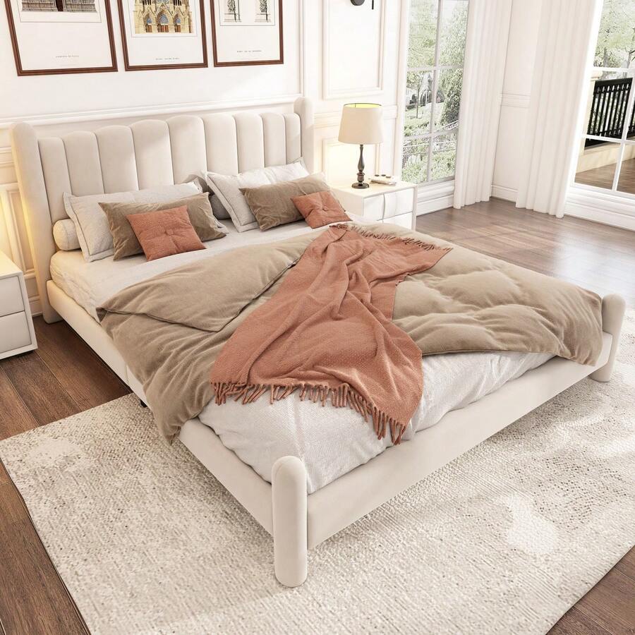 Upholstered Bed 180*200cm With Slatted Base And Headboard, Stylish Fan-Shaped Headboard, Cylindrical Support Legs, Velvet, Beige - Beige + Velvet + 180cm*200cm - View 1
