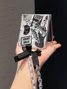 1个时尚磨砂PC材质简约哥特吉他音乐元素折叠手机壳，搭配同色手链，可保护手机并防止跌落：三星Galaxy Zflip 3/Zflip 4/Zflip 5/Zflip 6/Zflip 7/OPPO Find N3 Flip/ Razr 50 Ultra/ Razr 60 Ultra/ Razr 60/ Razr 50/小米MIX Flip/Galaxy Z Flip7 FE - 透明黑 - 查看 2