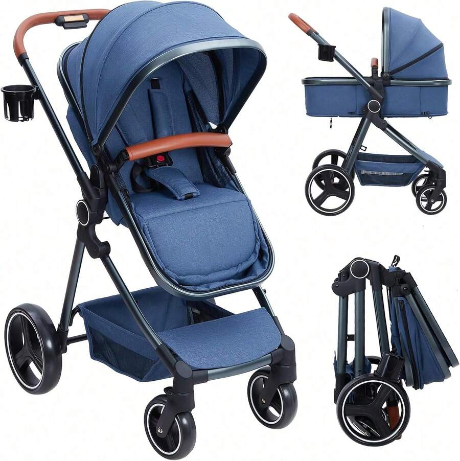 Cocinete plegable para bebés con cesta de Moisés para bebés recién nacidos de 0 a 36 meses, cochecitos de viaje ligeros con paraguas, cochecitos compactos con asientos reversibles para niños pequeños - Azul - Ver 1