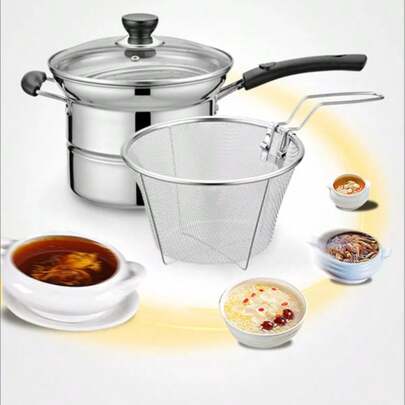 Non-Stick Chip Pan Set - 4Pcs Deep Fryer Pan With Basket & Lid, Stainless Steel Multi-Use Pot For Gas, Electric & Induction Cooking