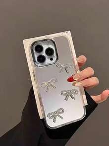 Rhinestone Bow Tie Mirror Phone Case Compatible With Iphone 17/16, High-End European And American Personalized Creative Apple 15 Protective Case 14 Protective Shell 13 Pro Max Phone Case, Shiny Bow Soft Shell Protective Case - Silver - View 2
