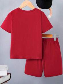 Tween Boy Cartoon Letter Print Short Sleeve T-Shirt And Shorts - Red - View 2