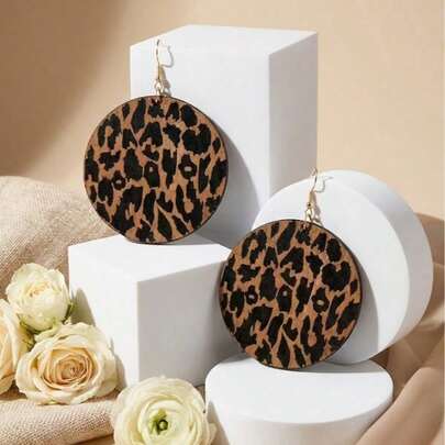 1 Pair Women Fashion Exaggerated Plus Size Leopard Print Wooden Pendant Earrings
