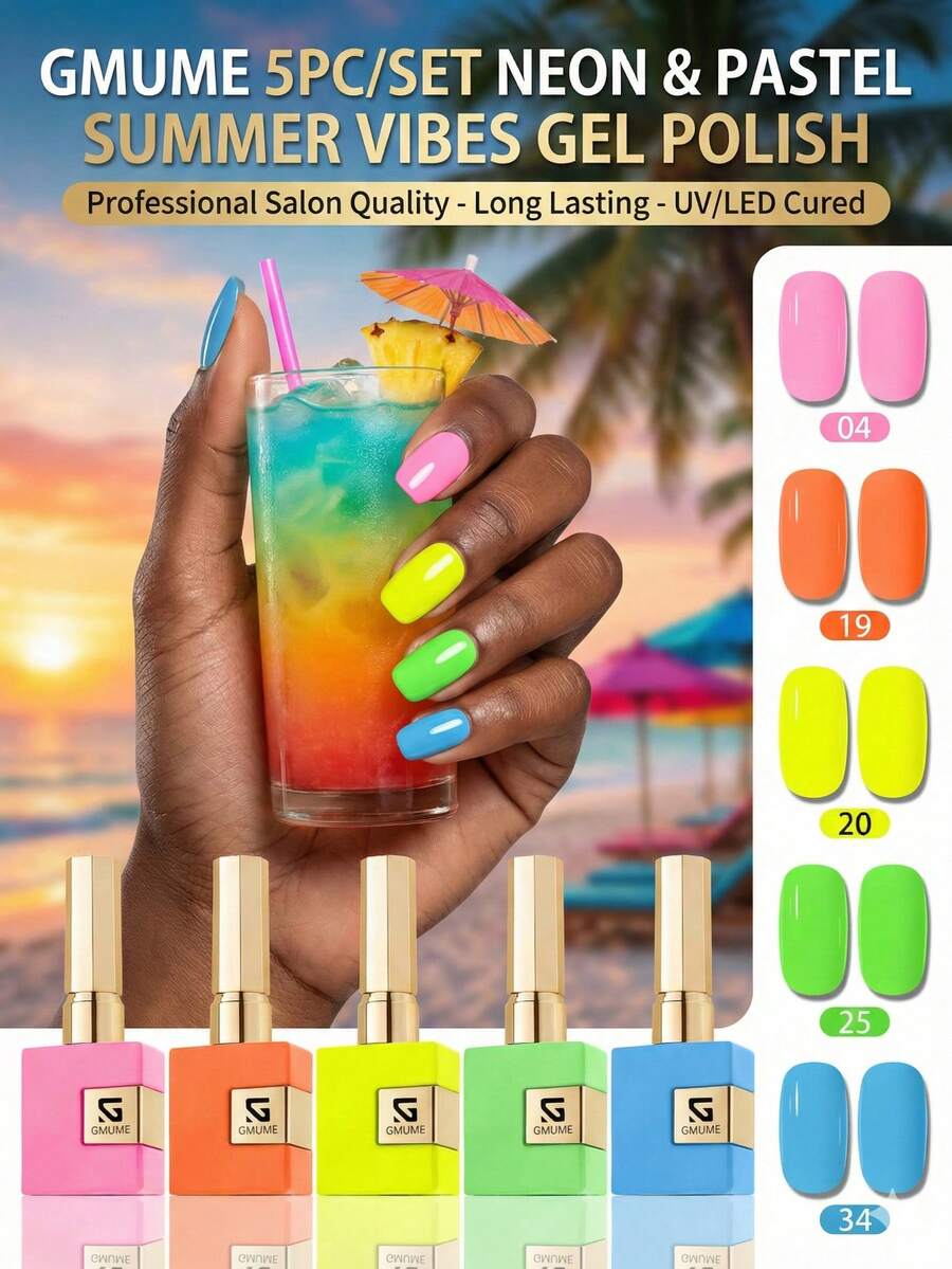 GMUME 5 pièces/set Vernis à ongles en gel néon lumineux 16 ml Kit n°04 19 20 25 34 Couleurs fluorescentes rose, orange, vert pour les vacances d'été, les festivals, Halloween. Manucure Système en 3 étapes à base, vernis et top coat nécessaires pour gel UV LED à décapant