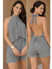 Elegant Women's Jumpsuit, One-Piece Design, Tie Neckline, Open Back, Duna Fabric, Summer Fashion Romper - 黑色條紋 - 查看 3