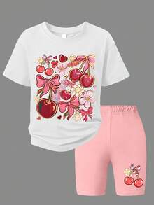 1 Set Tween Girls Round Neck Short Sleeve T-Shirt And Shorts, Soft Comfortable Fabric, Teenage Casual Street Style, Fashionable Personalized Outfit, Suitable For Summer School, Vacation, Party And Daily Wear - Pink - View 2