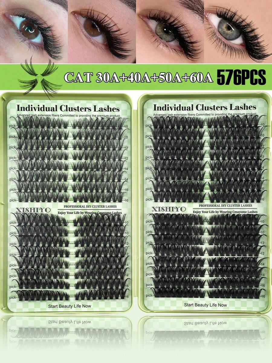 640/608/576/384pcs Mixed Length 10-16mm, 0.07mm C/D Curl Synthetic Mink Eyelash Set, Dense & Curly, Suitable For DIY Eyelash Extension, Suitable For Daily Or Outdoor Makeup - 黑色 - 查看 1