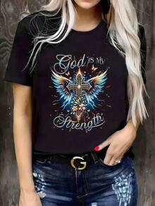 Camisa masculina Sorte Clover Clover Mais plus size Senhoras Todos os Dias Deus É Meu Texto Cruz Com Asas Borboleta Flor Cruz Decorativa Borboleta Cruz Borboleta Borboleta Lazer Manga Lazer Primavera Verão Outono Plus plus T-shirt Padrão Dia dos Namorados Dia da Escola T-shirt Mulher com estampa de pescoço curto T-shirt de manga curta T T-shirt para homens e mulheres - Preto - Ver 1