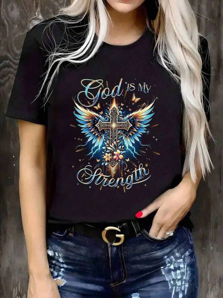 Camisa masculina Sorte Clover Clover Mais plus size Senhoras Todos os Dias Deus É Meu Texto Cruz Com Asas Borboleta Flor Cruz Decorativa Borboleta Cruz Borboleta Borboleta Lazer Manga Lazer Primavera Verão Outono Plus plus T-shirt Padrão Dia dos Namorados Dia da Escola T-shirt Mulher com estampa de pescoço curto T-shirt de manga curta T T-shirt para homens e mulheres - Preto - Ver 1