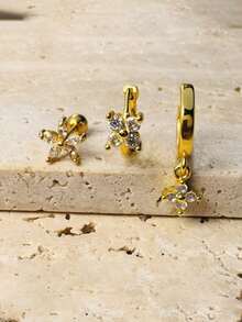 3pcs Stainless Steel Zirconia Flower Earrings, 14K Gold Plated Hypoallergenic Ear Cartilage Studs, Suitable For Daily Wear - Gold-1# - View 1