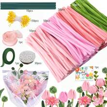 393 情人节毛根花艺套装，手工制作，包含特制毛根花茎、200 根毛根、10 根绿色花茎、1 卷胶带、约 150 颗珠光黄色花蕊、约 30 颗珍珠、1 条丝带、1 张贺卡，母亲节礼物 - 393pcs Set - 查看 14