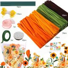 393 情人节毛根花艺套装，手工制作，包含特制毛根花茎、200 根毛根、10 根绿色花茎、1 卷胶带、约 150 颗珠光黄色花蕊、约 30 颗珍珠、1 条丝带、1 张贺卡，母亲节礼物 - 393pcs Set - 查看 15