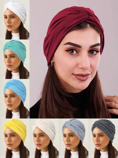 1pc New Stretchy Solid Color Criss-Cross Headband Hat, Candy Color Underlay Turban Hat, Women Chemo Cap