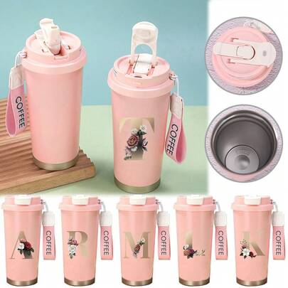 保温旅行咖啡杯，耐用双层不锈钢结构，防溢防漏，带盖，双吸嘴，优质拿铁杯，男女皆宜，办公室、家庭、健身房和车内必备，节日礼物，可定制26个字母的姓名首字母图案