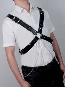 男士Y2K仿皮可调节胸带，前卫朋克金属戒指身体配饰，适合音乐节、演唱会、夜店等场合的穿搭点缀 - 黑色 - 查看 4