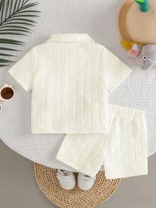 2pcs Baby Boy Textured Cute Cartoon Print Shirt And Shorts Street Fashion Children Set - Apricot - View 2