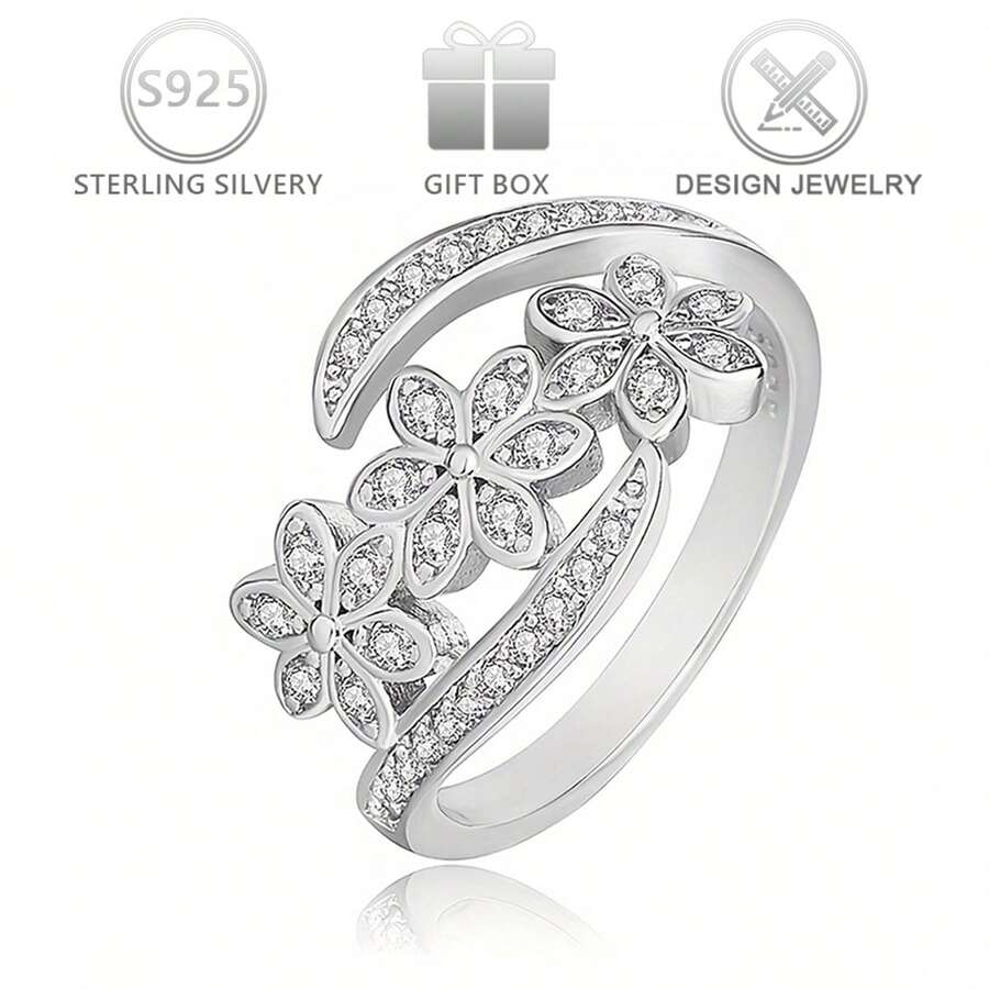 1pc 925 Silver Shiny Cubic Zirconia Unique Floral Design Open Ring, Elegant Bridal Party Cocktail Ring Suitable For Daily Wear, Wedding, Anniversary, Valentine's Day Gift - Silver - View 1