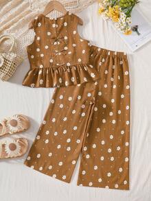 Tween Girls White Daisy Sleeveless Ruffle Top + Bow Back Wide Leg Pants 2 Pieces Set, Spring/Summer - Brown - View 2