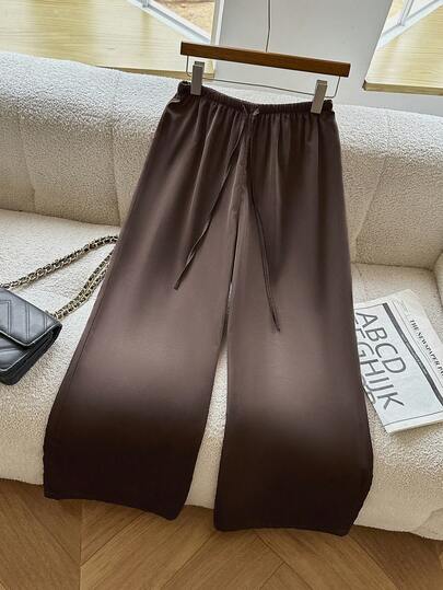 Women's Solid Color Wide Leg Pants With Drawstring, Suitable For Vacation, Home, Daily Wear, Travel, Spring/Summer/Autumn