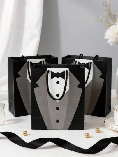 6个装伴郎礼品纸袋，黑色领结衬衫燕尾服图案牛皮纸礼品包装袋，适用于求婚、伴娘、伴郎、单身派对、新娘送礼会、伴娘派对、新娘答谢派对、婚礼回礼、新郎婚礼礼物、求婚袋等场合。采用牛皮纸材质，配有丝带提手，黑白配色，时尚可爱，品质上乘，可定制，个性化，独一无二，是送给男友、女友、爸爸、妈妈、家人、朋友的理想礼物。