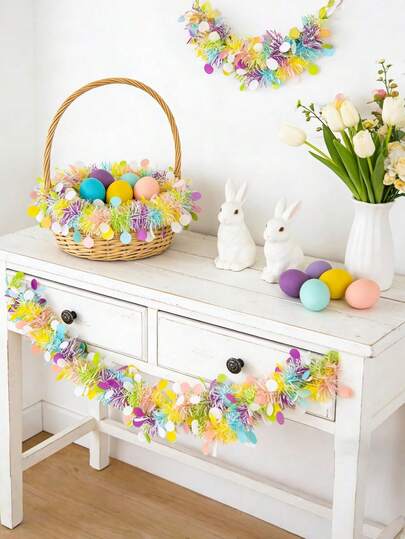 复活节彩色藤编装饰，彩色花环装饰，户外彩色丝带流苏挂饰花环，适合复活节室内外家庭聚会装饰