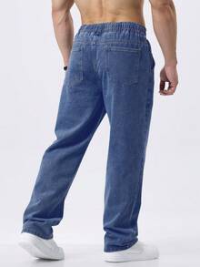 Men's Slant Pocket Drawstring Elastic Waist Washed Denim Jeans - Dark Wash - View 5