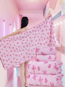 3/2/1件装提花心形蝴蝶结珊瑚绒柔软速干面巾/手巾,适用于浴室、酒店、健身房、旅行、送礼、沙龙、运动、户外、海滩、学校、返校季、旅行配件、家居用品 - 粉色 - 查看 4