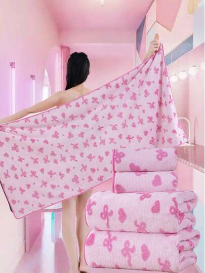 QIBHI 3/2/1pc Jacquard Heart & Bow Coral Fleece Soft Quick-Dry Face/Hand Towel, Suitable For Bathroom, Hotel, Gym, Travel, Gift, Salon, Sports, Outdoor, Beach, School, Back To School, Travel Accessories, Home Essentials