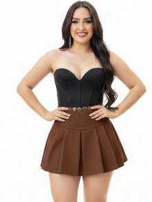 Short Saia Feminino Plissada De Alfaiataria Com Zíper Invisível Lateral Elegante Moda Casual - Marrom - Visão 8