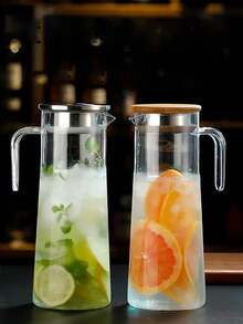 1件裝竹蓋耐熱透明飲料水壺，附手把與濾孔，大容量冰茶、檸檬水、果汁用，適合居家廚房與用餐使用 - 彩色 - 查看 2