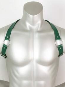 男士绿色PU皮革胸带 | 可调节O型环身体束带，适用于音乐节和夜店服装 - A - 查看 3