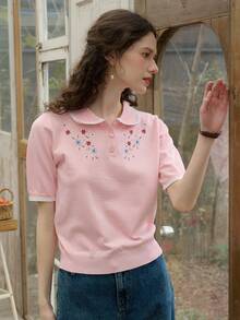 Simple Retro Women's Flower Embroidery Bumper Button Half-Placket Short Sleeve Knit Pink Top Summer Tops Summer Clothes Women Commuter Office Interview French Elegance - Pink - View 8
