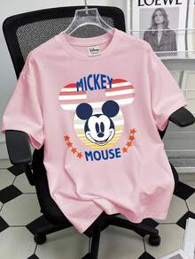 Disney Retro Street Style T-Shirt, Featuring A Mickey Mouse Logo Print, Made With High-Quality Fabric. Men's Crew Neck Short-Sleeved T-Shirt. - Pink - View 1