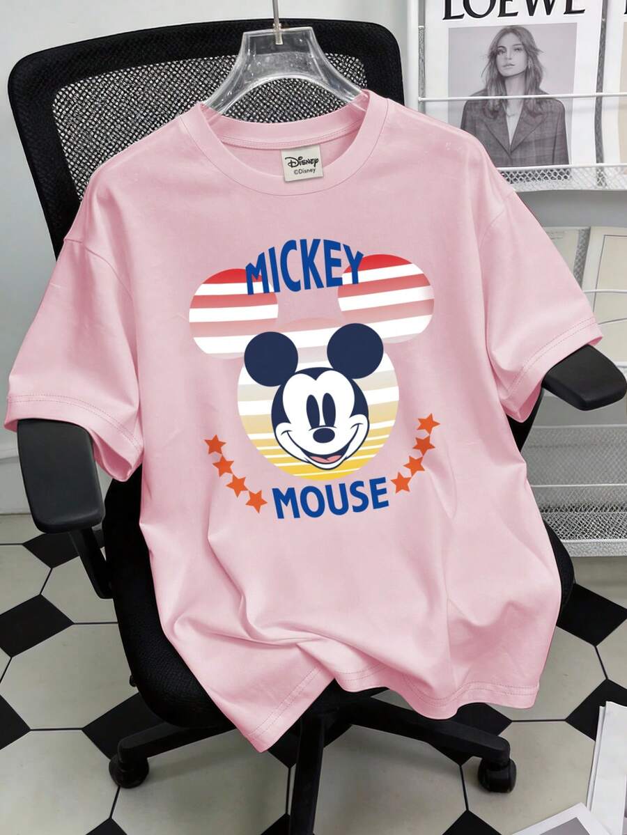 Disney Retro Street Style T-Shirt, Featuring A Mickey Mouse Logo Print, Made With High-Quality Fabric. Men's Crew Neck Short-Sleeved T-Shirt. - Pink - View 1